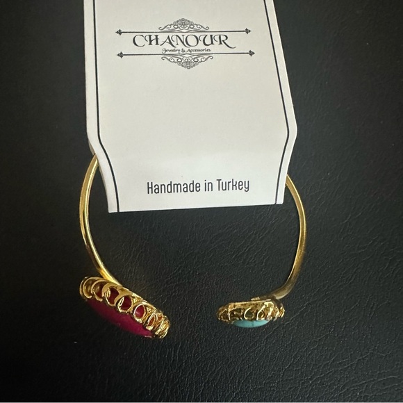 Gold Plated Gemstone Cuff Bracelet – Pink & Turquoise Open Bangle NWT - Picture 4 of 6